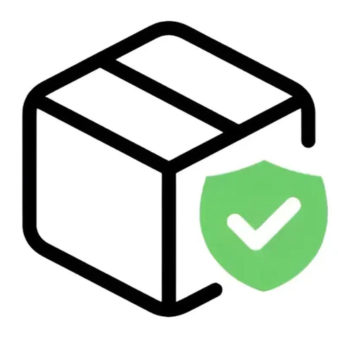 Black cardboard box with green shield and checkmark symbol representing Shipping Insurance for guarantee protect