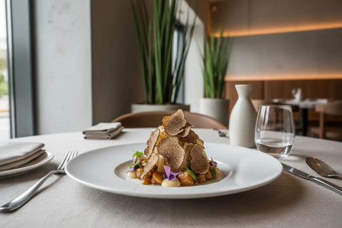 A white ceramic plate holds an elegantly plated dish topped with thinly sliced black truffles.