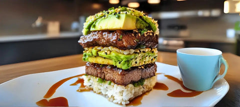 Stacked steak and avocado tower served in a Beef Teriyaki and Rice article.