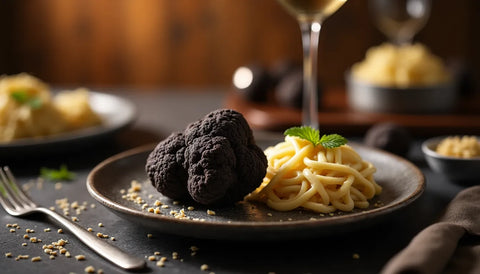 Whole black truffle next to a serving of pasta on a plate from Winter Black Truffle Captivates Food Lovers Worldwide