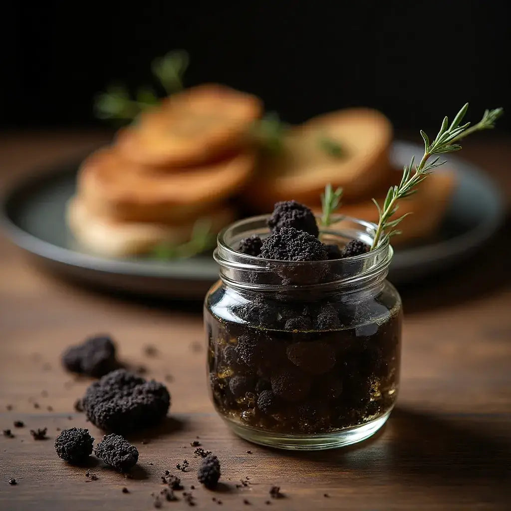 Jar of Terra Ross Black Summer Truffle Preserves in an elegant food presentation