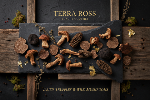Collection of dried truffles and wild mushrooms on a slate board with 'Terra Ross' branding.